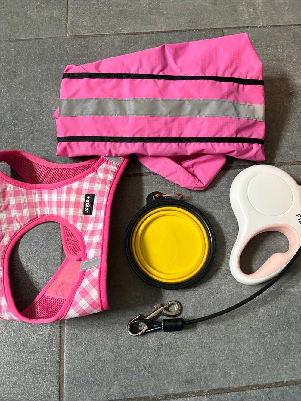 dog Harness/ Reflective hooded rain coat, retractable leash, water bowl